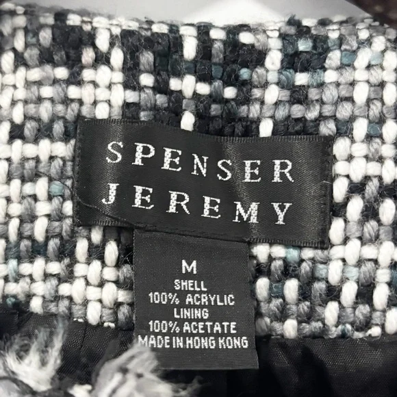 Spenser Jeremy Womens Tweed Blazer Jacket Black Gray White Fringe Open Front - Picture 6 of 9